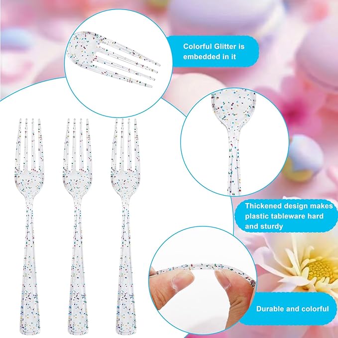 Supernal 360pcs Glitter Disposable Plastic Forks,Plastic Silverware Heavy Duty,Clear Plastic Forks,Glitter Disposable Cutlery for Birthdays, Parties, Bridal Shower and Weddings