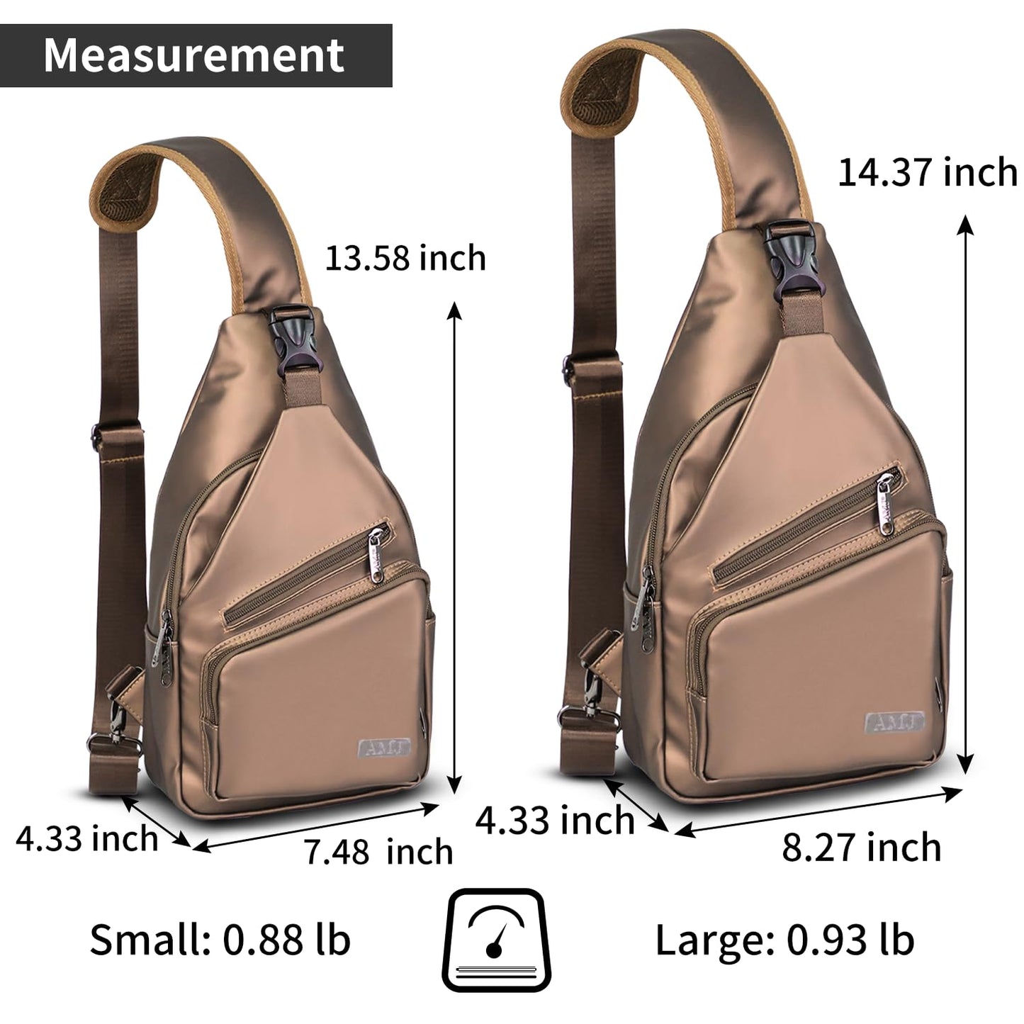 AMJ Crossbody Sling Bag, Upgraded PU Leather with USB Port Casual Shoulder Chest Bag with Logo Zipper Pulls (Leather Brown)