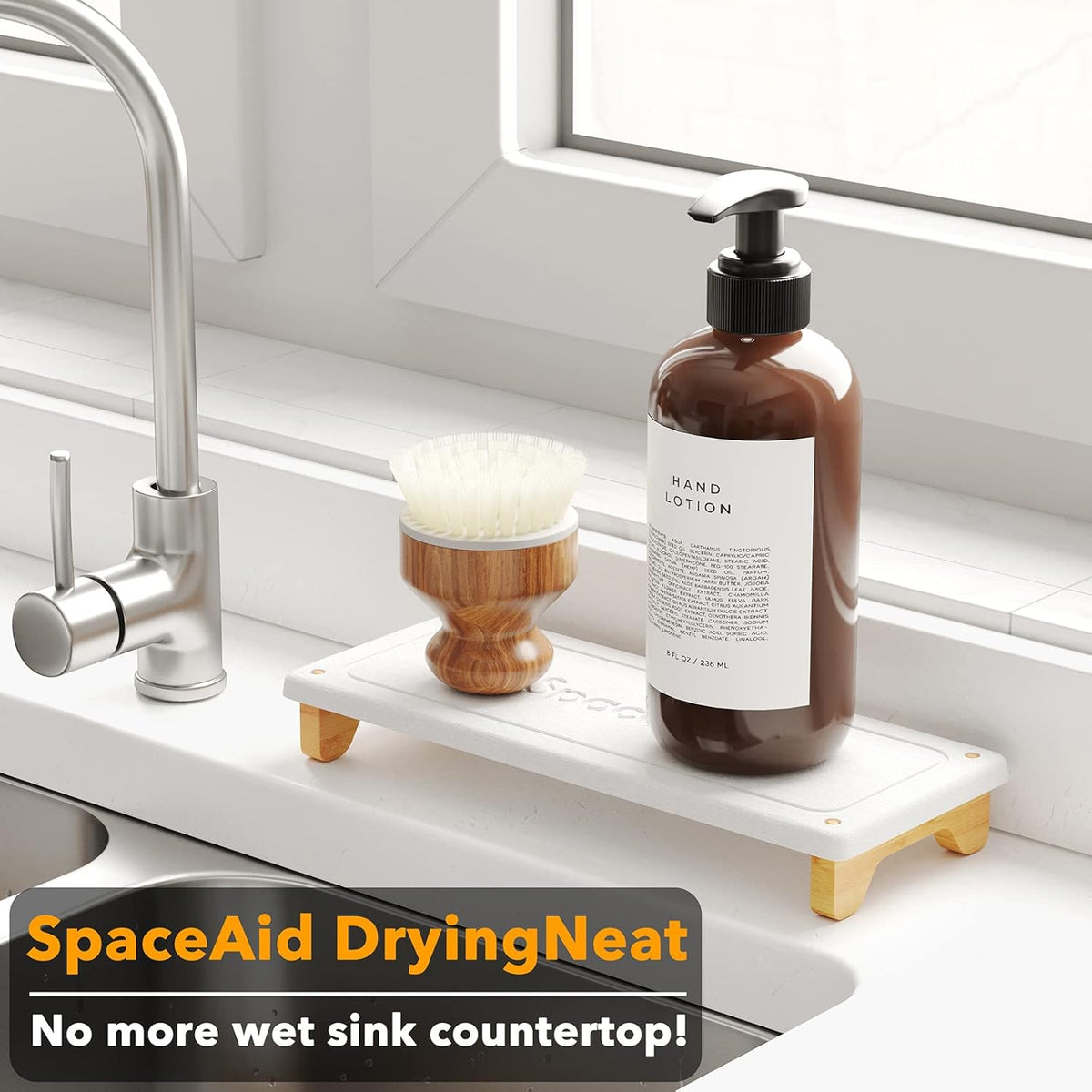 SpaceAid DryingNeat Sink Organizer, Instant Dry Sink Caddy Organizers, Kitchen Sponge Soap Holder Dispenser, Countertop Fast Drying Rack (Bamboo Feet, White)