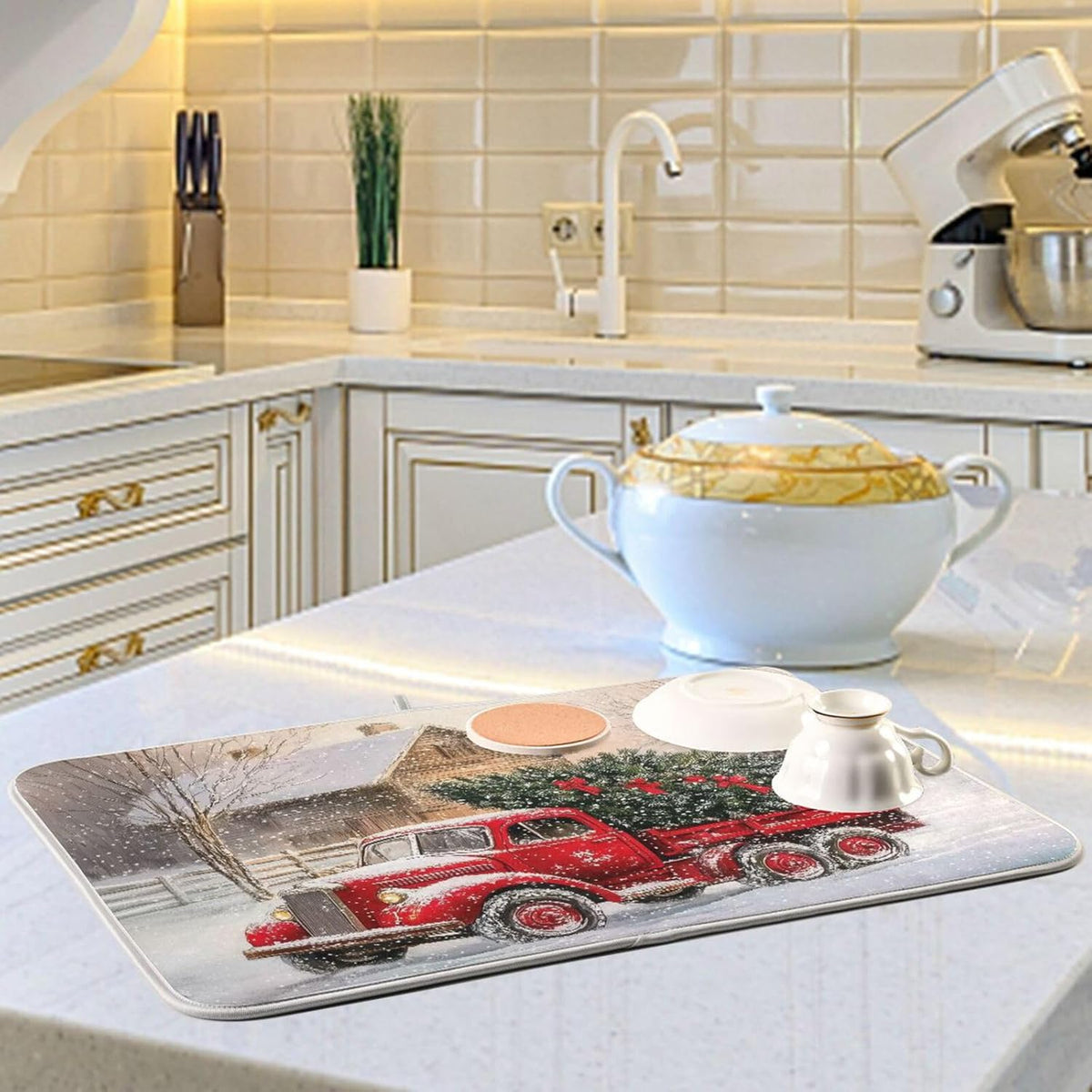Red Christmas Truck Dish Drying Mat for Kitchen Counter Absorbent Microfiber Drying Pad, Large 18x24 in, Reversible Drainer Mats