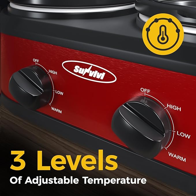 2 * 1.25 Quarts Dual Slow Cooker, Buffet Server & Warmer with 2 Removable Ceramic Pots, 3 Adjustable Temp Settings & 2 Visible Glass Lids, Stainless Steel, Red