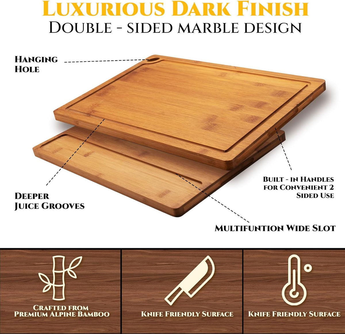 Bamboo Cutting Board 3-Piece Set with Juice Grooves – Non-Slip Wooden Chopping Boards for Kitchen & Housewarming Gfit, Multi-Size Serving Tray for Meat, Vegetables, Fruits