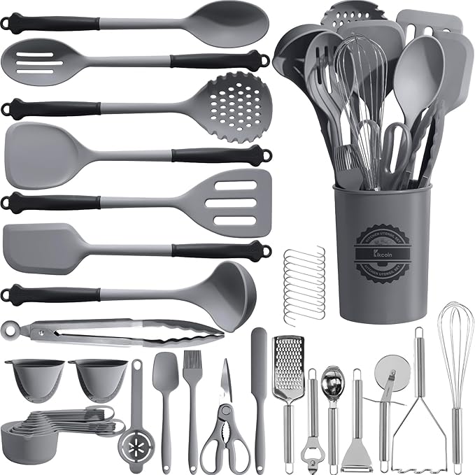 Kikcoin 43Pcs Large Kitchen Utensils Set - Silicone Cooking Utensils Set, Dishwasher Safe Spatula Set for Non-stick Cookware, 446°F Heat Resistant Kitchen Utensils Set with Holder BPA Free, Grey