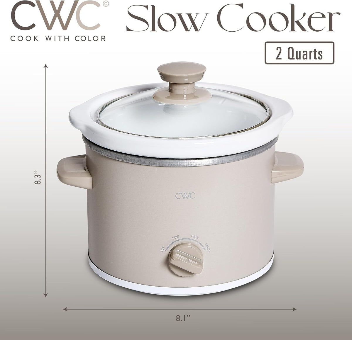 COOK WITH COLOR 2QT Mini Electric Round Slow Cooker - Adjustable Settings, Removable Stoneware Pot, Tempered Glass Lid, Dishwasher Safe, Cool-Touch Side Handles, Sand