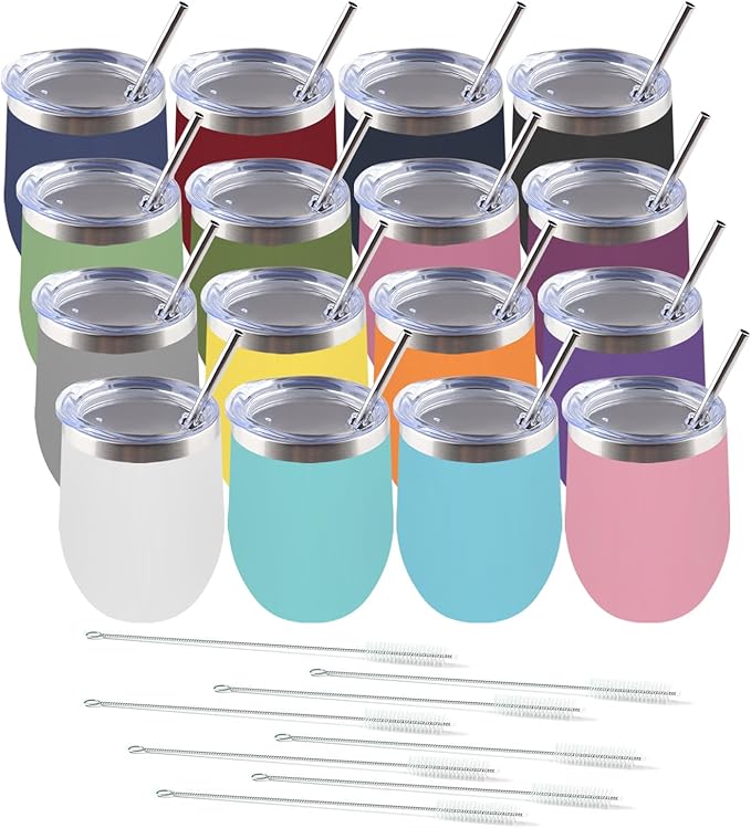 Amtidy 16 Pack Powder Coated Stainless Steel Tumbler with Lid,Equipped with straw and straw brush，12 oz Double Wall Vacuum Insulated Travel Tumbler Cup for Coffee, Wine, Cocktails