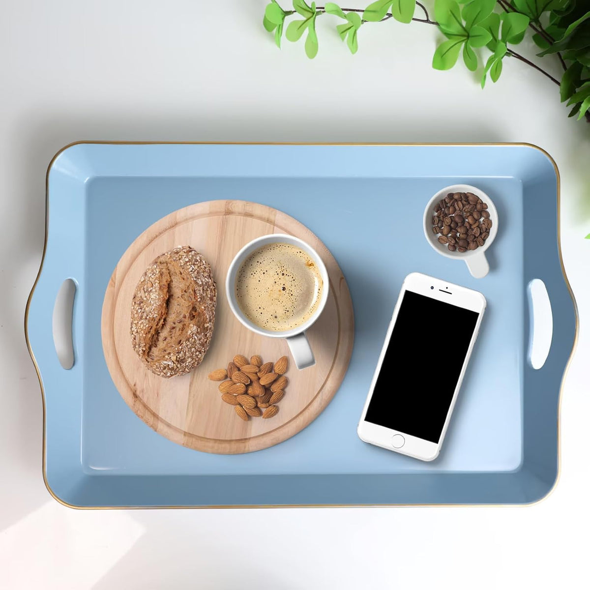 Spsyrine Light Blue Decorative Tray, Elegant Plastic Serving Tray with Handles, Coffee Table Tray for Ottoman, Living Room, Home Decor