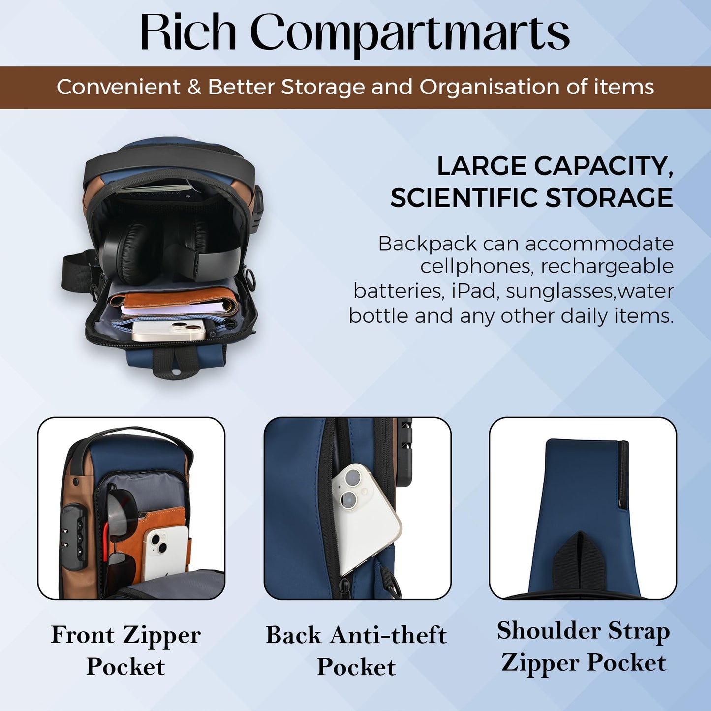 TS WITH TECHSUN Unisex Anti-Theft Sling Bag with USB Port, Water-Resistant Crossbody Chest Backpack for Travel & Work
