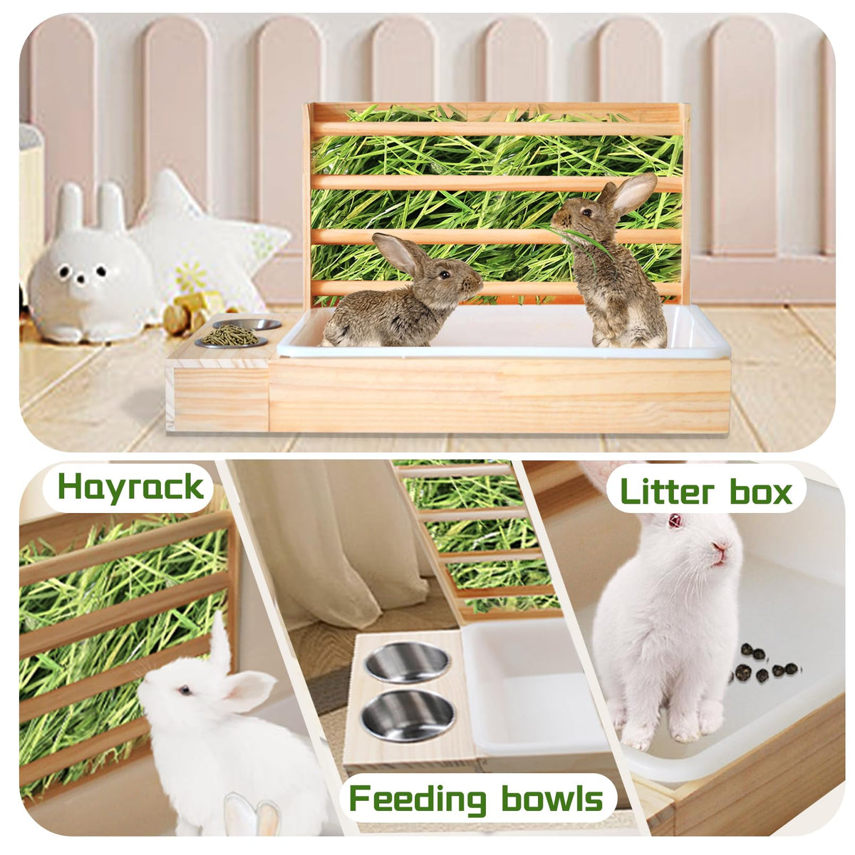 MUYG Rabbit Hay Feeder with Litter Box, 3 in 1 Wooden Bunny Feeder, Small Animal Hay Holder Rack for Rabbit, Guinea Pig, Hamster, Ferrets