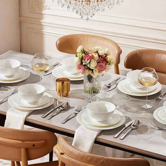 KINGSTONE 12-Piece Bone China Dinnerware Set with 20-Piece flatware, White Lightweight Porcelain Service for 4, for Family Dining, Restaurants, Gifting，Microwave and Dishwasher Safe
