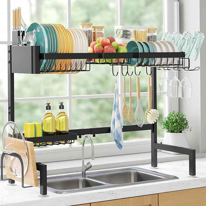 Over The Sink Dish Drying Rack - Adjustable 2 Tier X-Large Capacity Stainless Steel Drainer with Cutlery & Utensil Holders, Kitchen Storage & Organization, 31.5"-39.5"L x 12"W x 24.5"H, Black