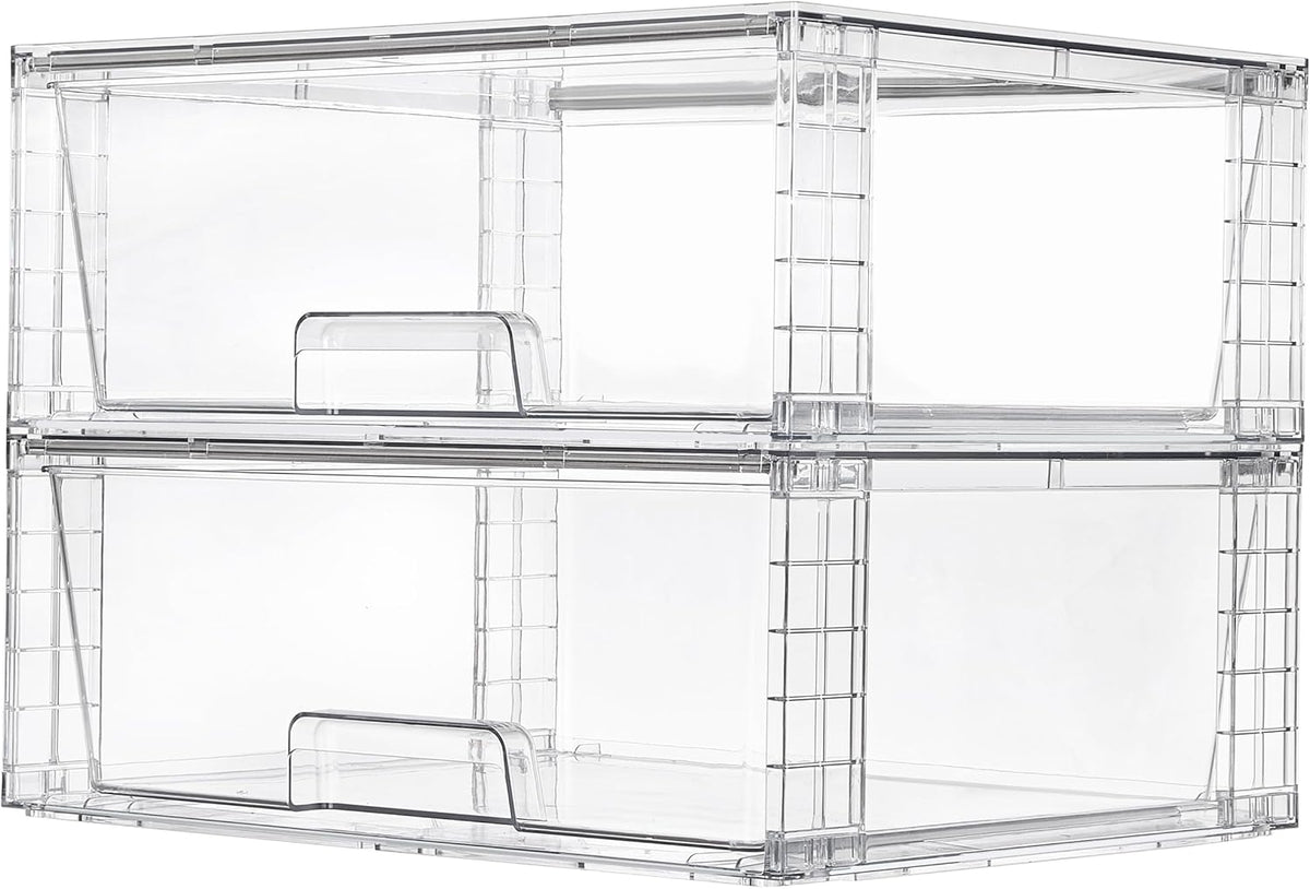 Vtopmart 2 Pack Large Stackable Storage Drawers,Easily Assemble Clear Acrylic Bathroom Closet Undersink Organizers,Plastic Storage Bins for Cabinet,Kitchen Pantry,Medicine Organization