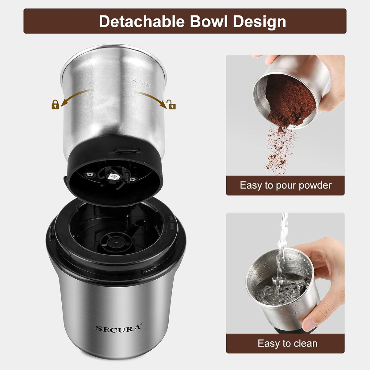 Secura Electric Coffee Grinder and Spice Grinder with 1 Stainless Steel Blades Removable Bowl, Dry Grinding