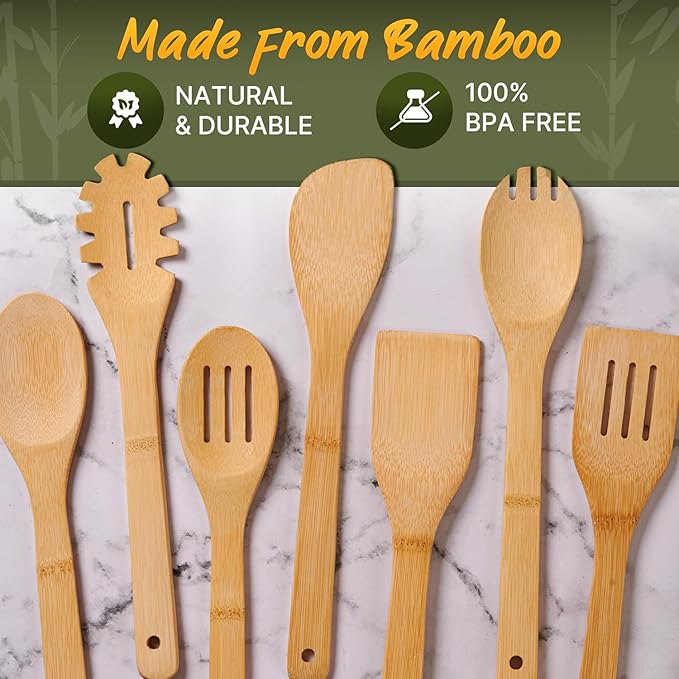 Wooden Utensil Set, Bamboo Utensils – 7 PCs Wood Spoons for Cooking, Easy to Clean, Sturdy, Lightweight & Heat Resistant