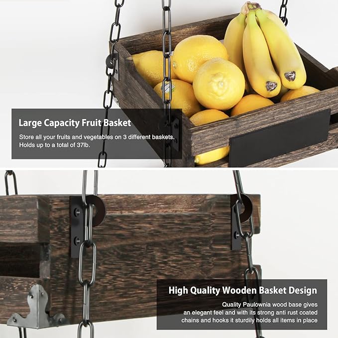 J JACKCUBE DESIGN 3-Tier Rustic Wood Hanging Fruit Basket, Kitchen Fruit, Vegetable Storage Organizer, Countertop Space Saver- Heavy Duty Metal Hooks- MK1008A