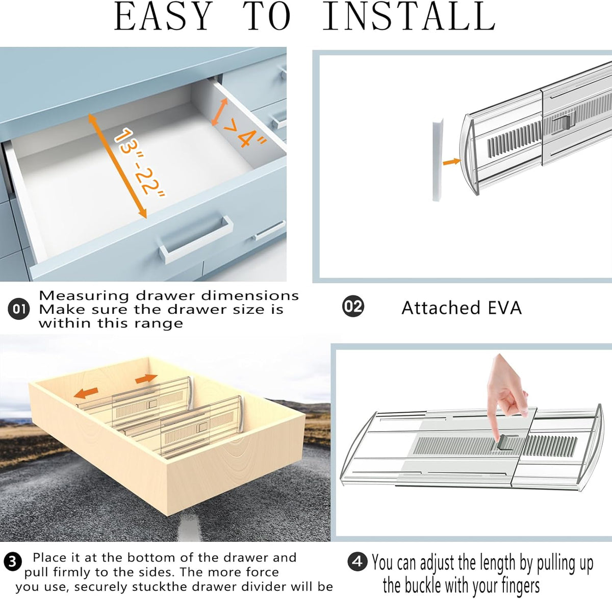 8 Pack Adjustable Drawer Dividers for Clothes,4" High Expandable From 13-22" Clear Drawer Organizers, PET Plastic Separators for Dresser/Bedroom/Bathroom/Kitchen/Office Storage