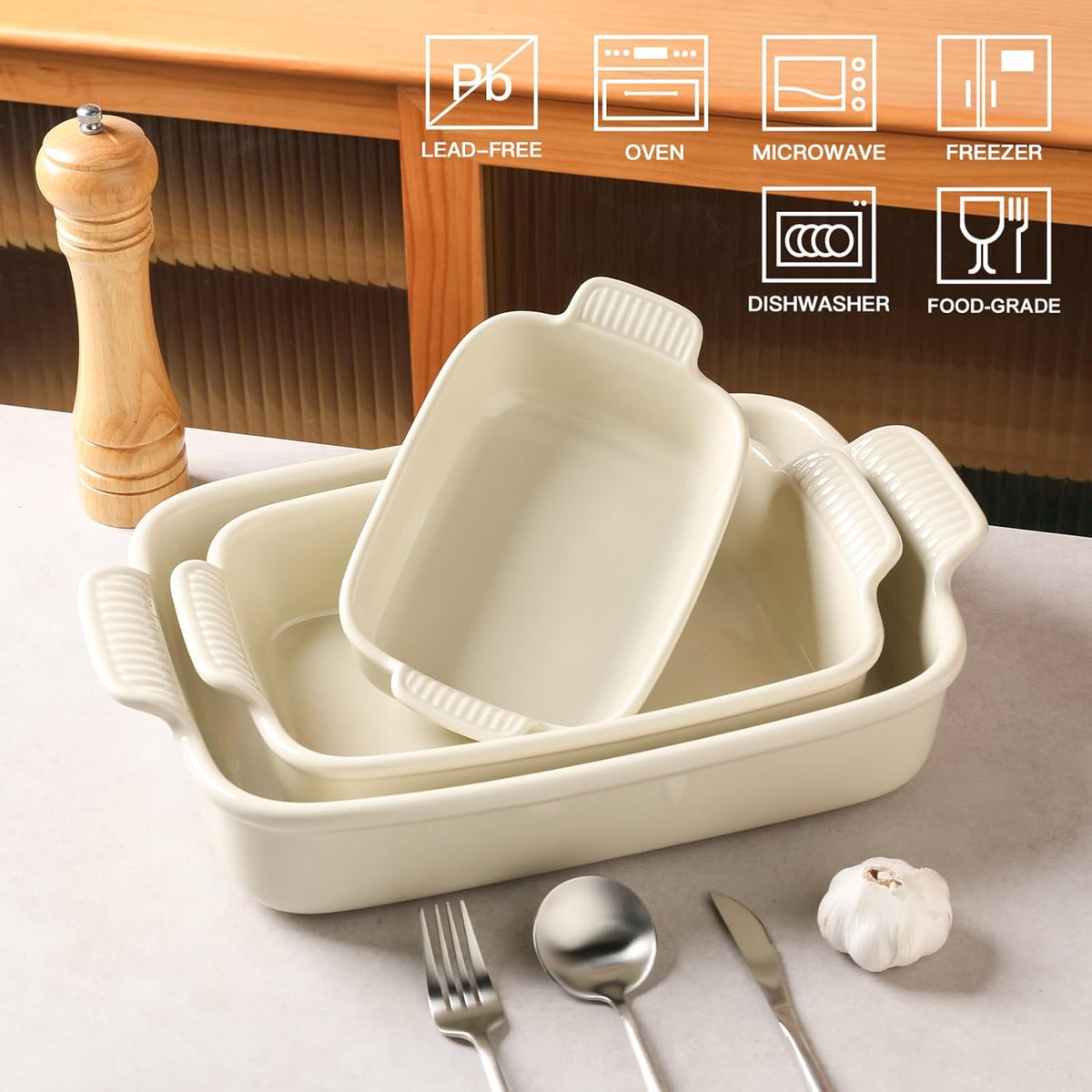 Sweejar Baking Pans Set, Ceramic 9x13 Baking Dish with Handle, Rectangular Casserole Dishes for Oven, Bakeware Sets of 3, Durable Lasagna Pan Deep for Kitchen, Banquet, Wedding Gift(Beige)