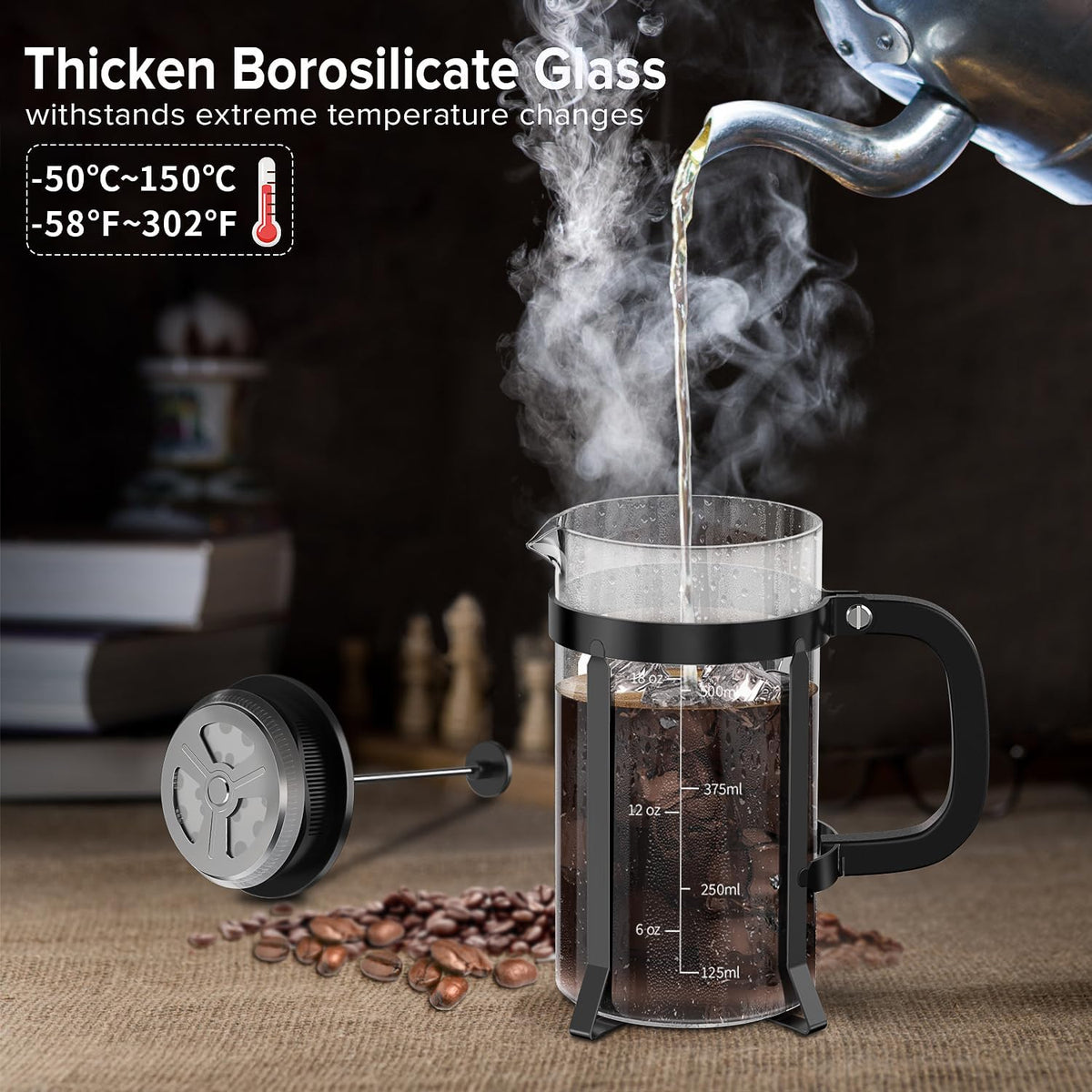 QUQIYSO French Press Coffee Maker 304 Stainless Steel French Press with 4 Filter, Heat Resistant Durable, Easy to Clean, Borosilicate Glass Coffee Press, 100% BPA Free Glass Teapot, 21 ounce, Black