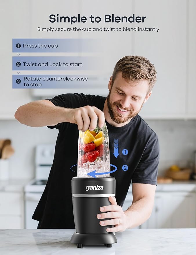 Ganiza Blender for Smoothies, 14 Pcs Smoothie Blender for Kitchen, Max 1300W Portable Blenders for Shakes Ice Crushing Grinding & More with 2 X 37 oz, 23 oz Cups, Perfect for Home & On - the - Go