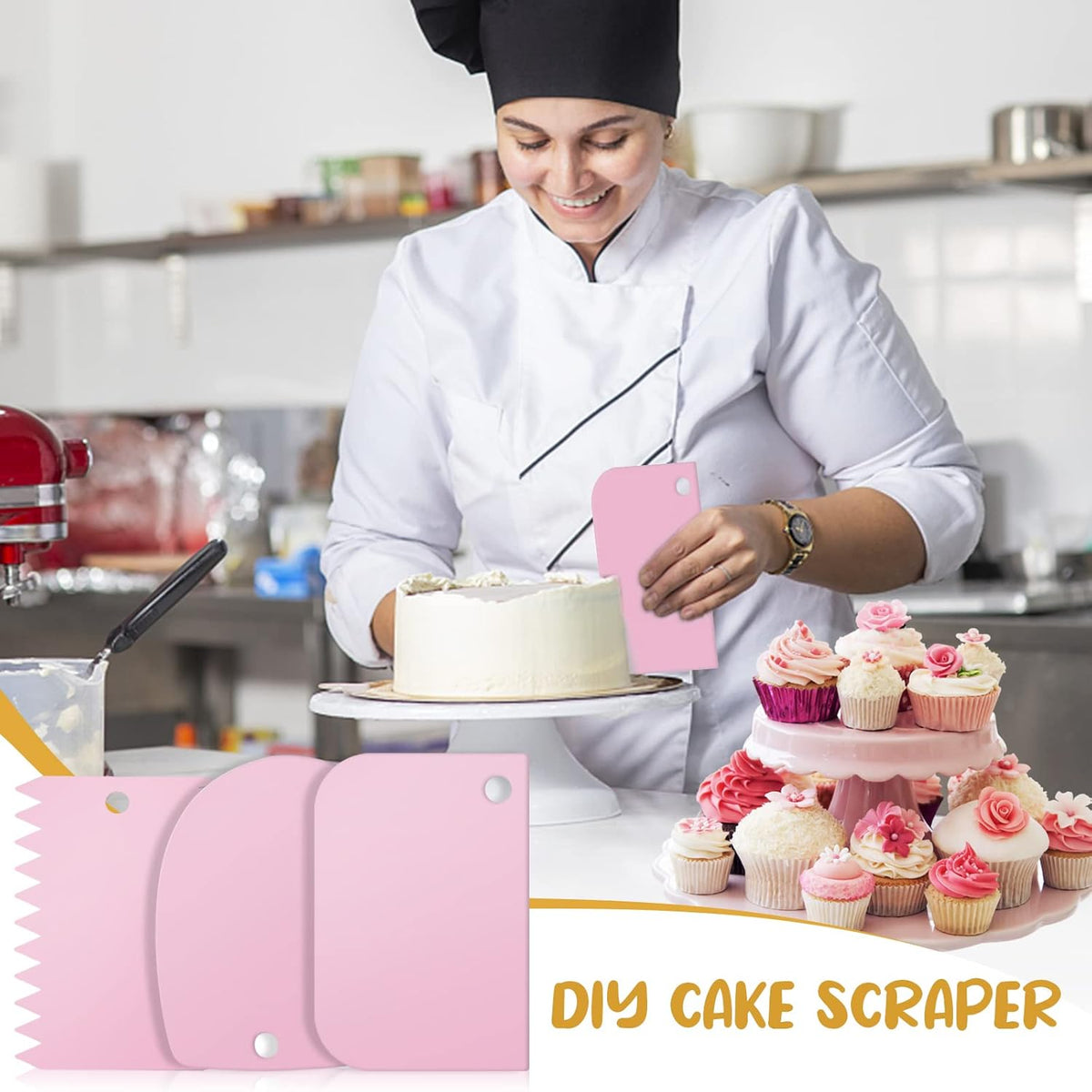 Dualshine Pink Cake Decorating Kit - 6 Russian Piping Icing Nozzles, 3 Cream Scrapers, Stainless Steel Cupcake Frosting Filling Injector