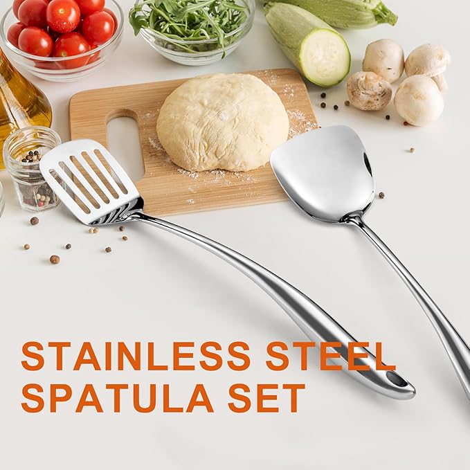 304 Stainless Steel Spatula Set, 2pcs Heavy Duty Metal Kitchen Utensils Set for Cooking,Wok Kitchen Tools Set Come with Slotted Turner & Spatula