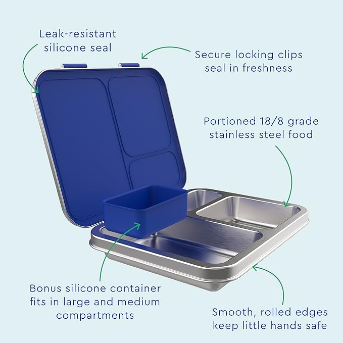 Bentgo Kids Stainless Steel Prints Leak-Resistant Lunch Box - 3-Compartments with Bonus Silicone Container, Durable, Eco-Friendly, Dishwasher Safe, BPA-Free, Ideal for School, Ages 3+ (Shark)