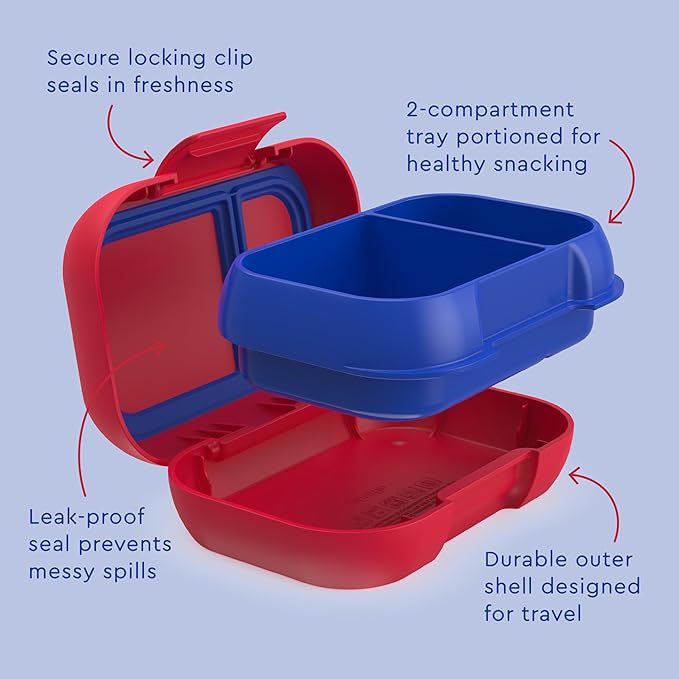 Bentgo Kids Snack - 2 Compartment Leak-Proof Bento Box Container for Snacks and Small Meals, Easy-Open Latch, Dishwasher Safe, BPA-Free for School, Daycare, & Sports - Ideal for Ages 3+ (Red/Royal)