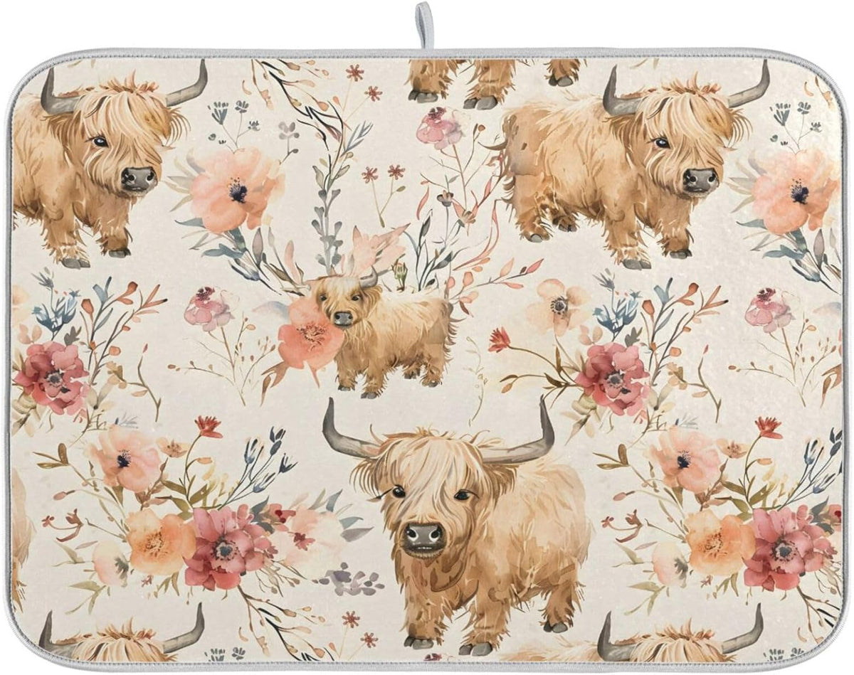 Cute Highland Cows Flowers Dish Drying Mat for Kitchen Counter Absorbent Microfiber Drying Pad, Large 18x24 in, Reversible Drainer Mats