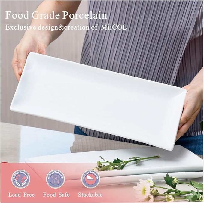 Miicol Porcelain Serving Platters Set of 3, Large Serving Trays 14 Inch, White Rectangle Plates, Ceramic Serving Dishes for Party, Restaurant, Buffet, Steak, Dessert, Salad, Fruit, Microwave Safe