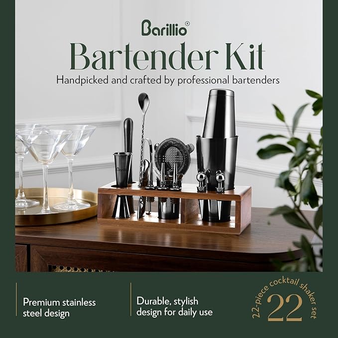 Barillio Black Bartender Kit – 23-Piece Stainless-Steel Cocktail Shaker Set with Premium Acacia Stand | Martini Barware Mixing Tools for Home Bartending | Gift Set