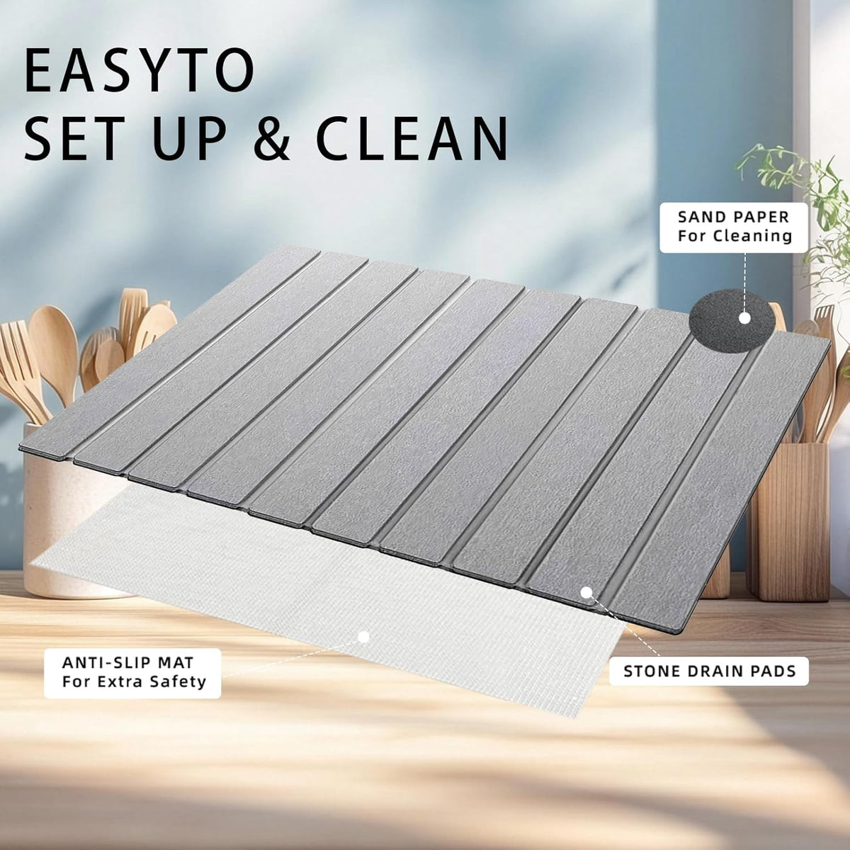 Stone Drying Mat for Kitchen Counter, Collapsible Dish Drying Mat, Fast Drying Diatomaceous Earth Dish Drying Mats, Water Absorbent Diatomite Kitchen Mat (grey, small)