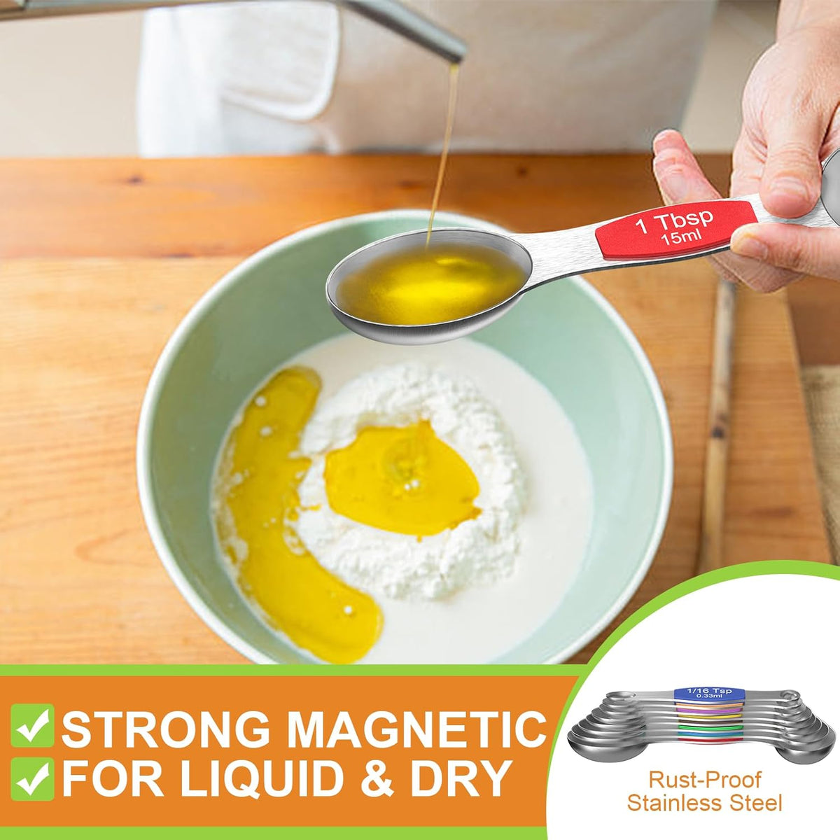 Wildone 14 Piece Stainless Steel measuring spoons Set, Including 8 Double Sided Magnetic, 1 Leveler and 5 Mini, for Dry and Liquid Ingredients, Fits in Spice Jar