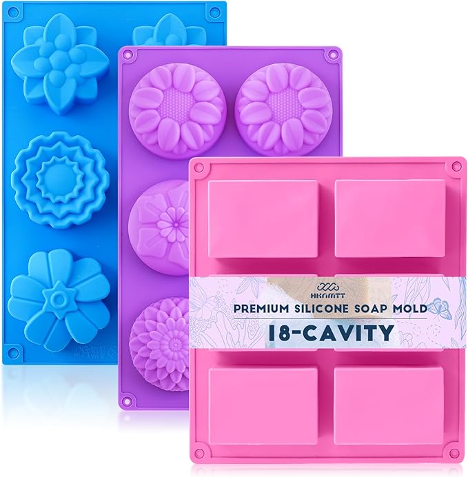 HKNMTT Square Flower Rectangle Bar Molds Silicone, 7 Shapes for Chocolate Soap Making Shower Steamer Homemade Bath Bomb Lotion Shampoo Bar Dessert DIY Set Non-stick Craft Food Grade 3 Pack