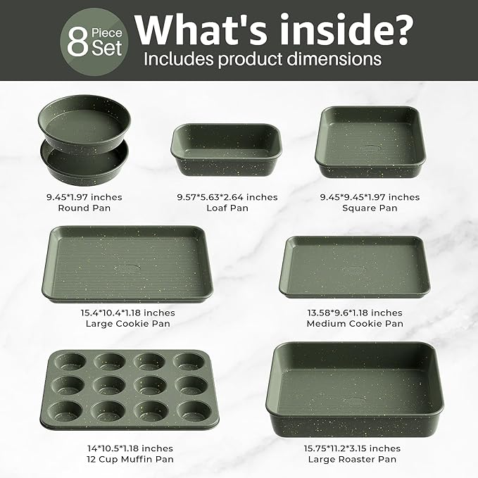 8-Piece Nonstick Bakeware Set, Stackable Oven Pan Set Includes Baking Sheet, Muffin Pan, Cake Pan, Square Pan, Loaf Pan, Cookie Sheet & Cooling Rack (Ceramic Coated Green)