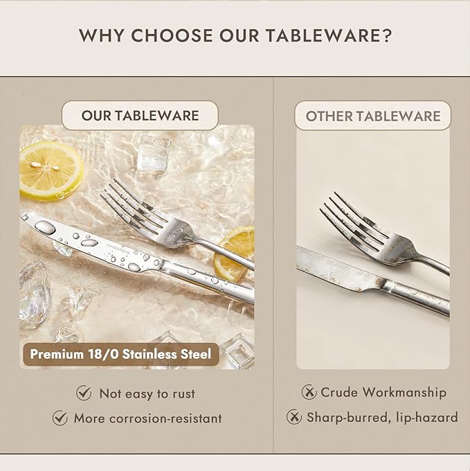 KINGSTONE Silverware Set with Steak Knives, 48-Piece Forged Flatware Set Cutlery Set Premium Stainless Steel, Service for 8, for Kitchen, Home, Wedding, Party, Mirror Polished and Dishwasher Safe