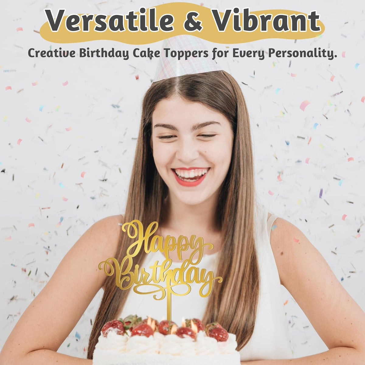 1PCS Gold Happy Birthday Cake Topper, 5.1 x 6.5 Inches Mirror Acrylic Signs Birthday Cake Decorations, Birthday Cake Toppers for Baby Shower, Gender Reveal Cake Decorations, Dessert Parties