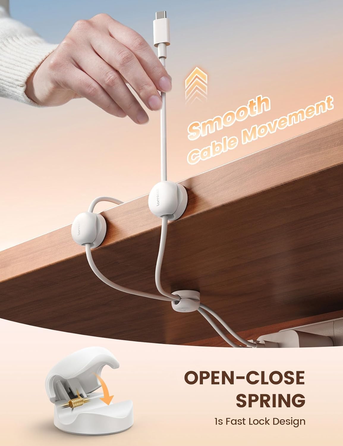 Lamicall Cord Organizer, Spring Cable Management Clips - 6Pack Compact Desk Cable Holder Clips, Nightstand Phone Charging Cord Holder, Halloween Adhesive Wire Organizer, Office Accessory, White
