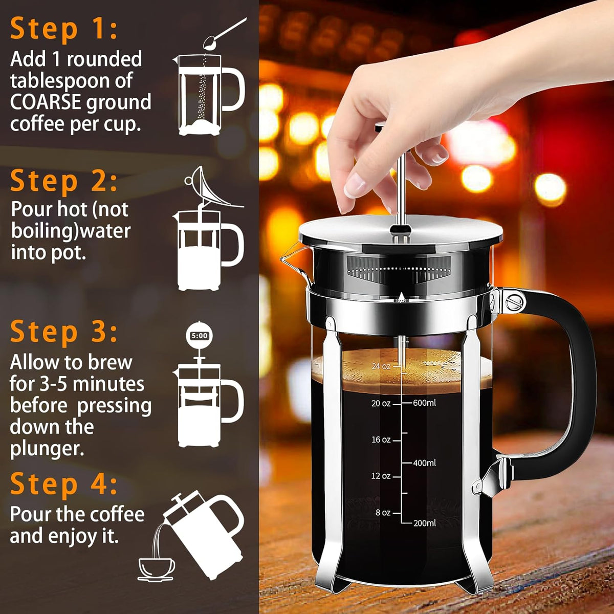 French Press Coffee Maker 304 Stainless Steel Coffee Press,with 4 Filters System, Heat Resistant Thickness Borosilicate French Press Glass, BPA-Free Brewed Tea Pot Coffee Plunger