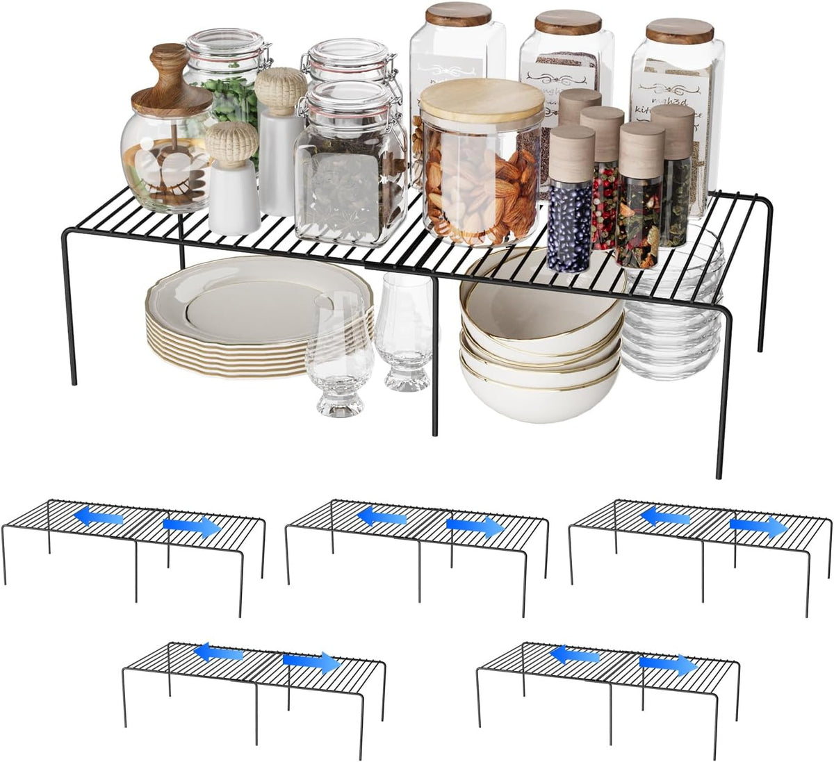 Expandable Storage Shelf, Pantry Organizers and Storage, Adjustable Rustproof Metal Wire Spice Rack, Space Saver Kitchen Storage Shelves for Pan, Pot, Countertop, Drawer, Fridge, Set of 6, Black