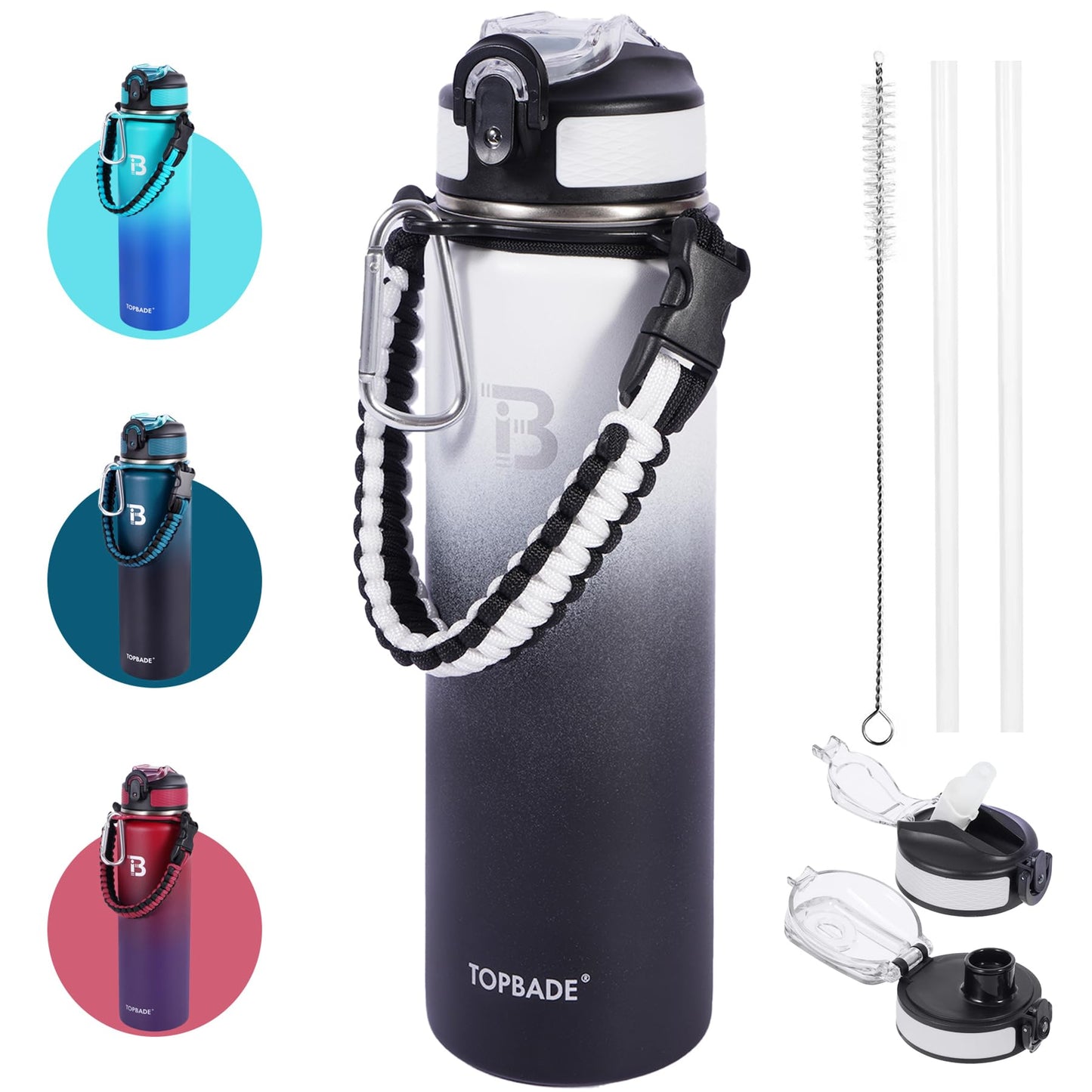 TOPBADE 24oz Insulated Sports Water Bottle with Straw & Spout Lid, Stainless Steel Water Bottle with Paracord Handle Leakproof BPA Free for gifts and school