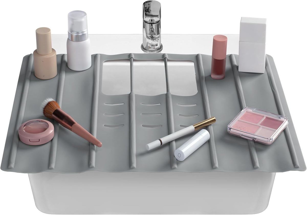 Maplefield Travel Size Bathroom Sink Cover for Counter Space - Foldable Silicone Sink Mat for Beauty Routine, Ideal for Small Bathroom, RVs, Camper Vans (Gray Small, 19.5 x 15.5 x 1.6 Inches)