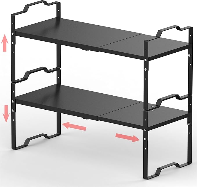 Expandable Shelf for Cabinet Organizer Adjustable Stackable Spice Rack at Kitchen and Bathroom more, Counter Countertop Cupboard Organization Pantry Storage(MEDIUM/2PACKS/BLACK)