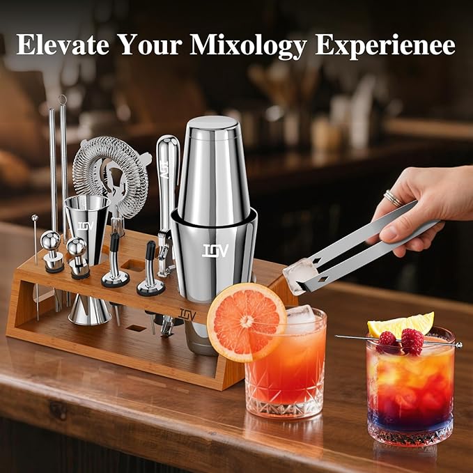 IOV Mixology Bartender Kit Bar Set with Stand | 17-Piece Cocktail Shaker Set | 28oz Boston Shaker Drink Mixer Set with All Essential Accessory Tools | Fun Housewarming Gift (Silver)