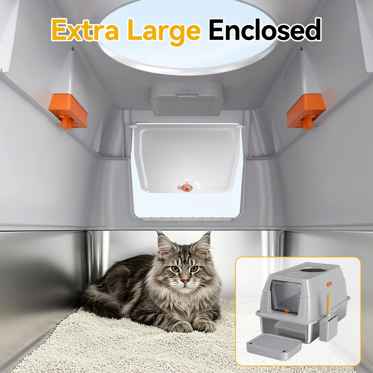 Tevila XL Enclosed Stainless Steel Litter Box with Lid, Light Gray