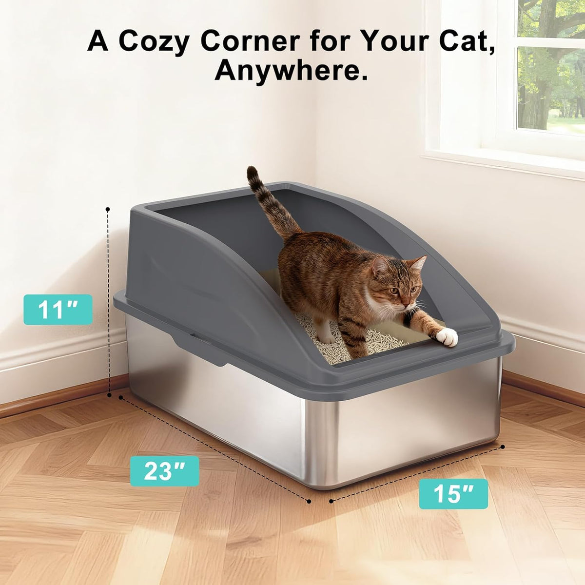2 Pack Stainless Steel Litter Box | XL Enclosed Cat Litter Boxes with Lid for Big Cats and Multi-Cats | High Sided, Anti-Urine Leakage | Non-Stick Bottom（Dark Gray）