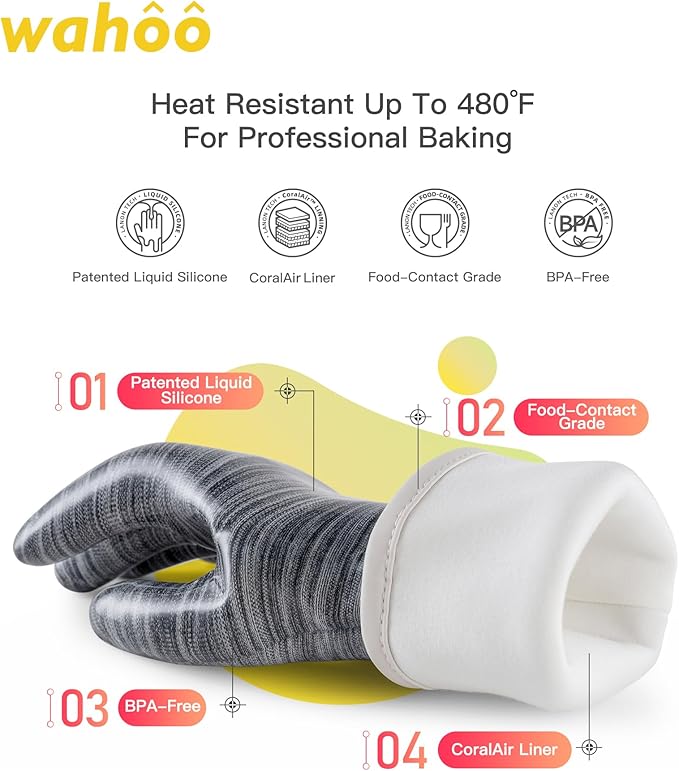 wahoo Liquid Silicone Smoker Oven Gloves, Food-Contact Grade, Heat Resistant Gloves for Cooking, Grilling, Baking, Grey, Medium