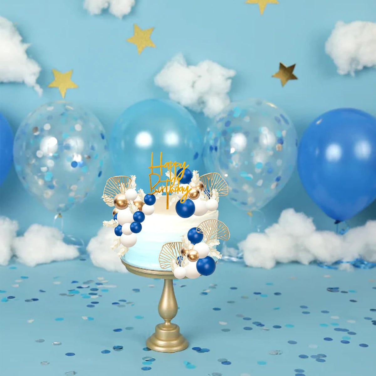 Gyufise 57Pcs Balls Cake Topper Boho Grass Cake topper Pearl Balls Acrylic Happy Birthday Cake Decorations for Wedding Baby Shower Birthday Boho Themed Party Supplies Royal Blue