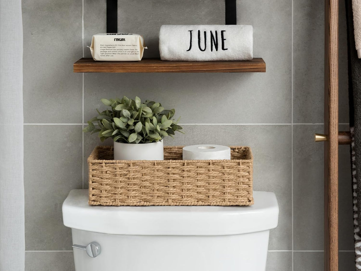 StorageWorks Toilet Paper Basket with Built-in Handles, Light Brown Round Paper Rope Baskets for Bathroom, 14 ¼"L x 6 ¾"W x 3 ¾"H, 1 Pack