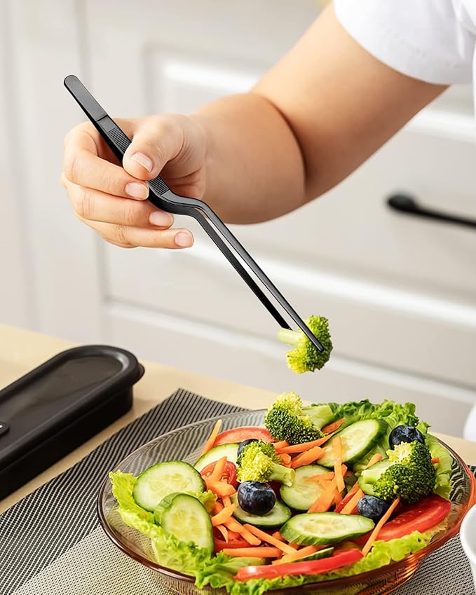 Fine Cooking Tweezers Set, Professional Stainless Steel Food Tongs, Kitchen Black Long Chef Tweezer for Cooking, Plating, Decorating and BBQ (BLACK, 12 inch)