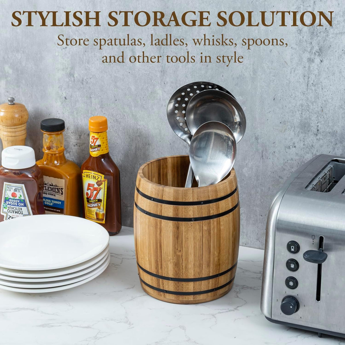 MyGift Wine Barrel Design Kitchen Utensil Crock, Light Brown Solid Bamboo Wood Cooking Tool Holder