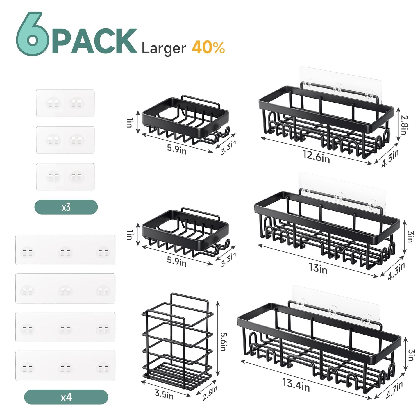 Veken Shower Caddy 6-Pack, Bathroom Organizers and Storage Shelves, Black